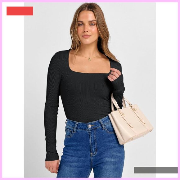 Long Sleeve Ribbed Knit Square Neck Slim Fit Basic Top - Picture 3 of 4